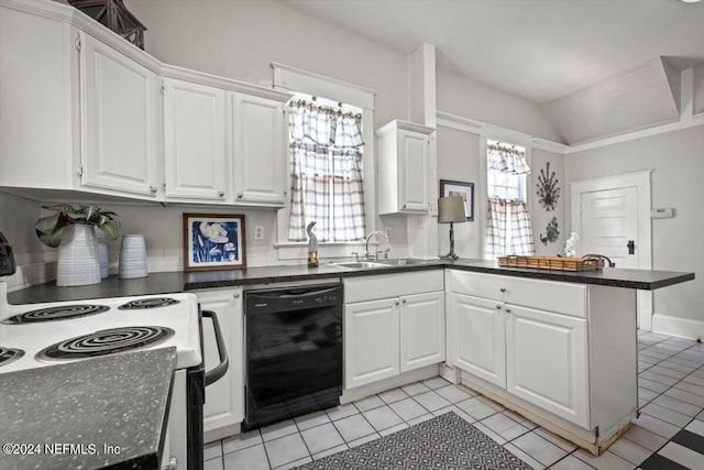 kitchen with electric stove, white cabinets, a sink, dishwasher, and a peninsula