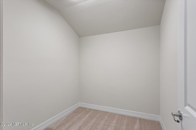 carpeted empty room with vaulted ceiling and a textured ceiling