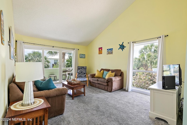 living room featuring high vaulted ceiling and light carpet