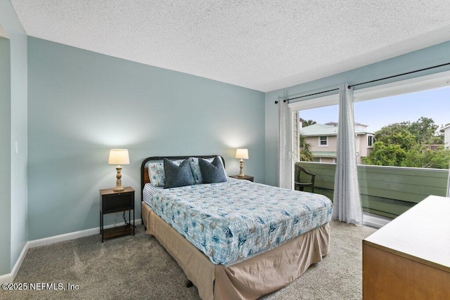 bedroom with light carpet, baseboards, a textured ceiling, and access to exterior