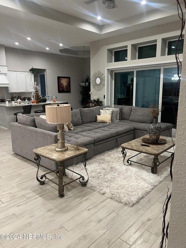 living room featuring a tray ceiling and light hardwood / wood-style flooring