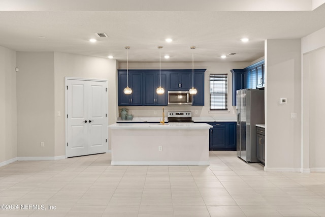 kitchen with blue cabinetry, stainless steel appliances, an island with sink, light tile patterned flooring, and decorative light fixtures