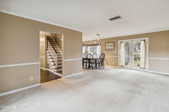 spare room featuring a textured ceiling, carpet floors, rail lighting, and a healthy amount of sunlight