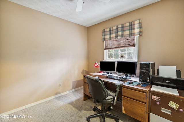 office featuring light carpet and a textured ceiling