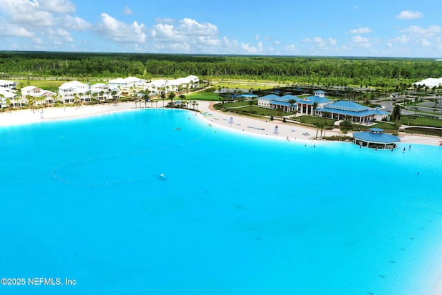 drone / aerial view with a water view and a wooded view