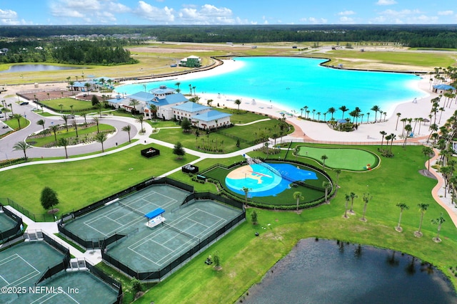 drone / aerial view with a water view