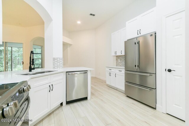 kitchen featuring sink, appliances with stainless steel finishes, kitchen peninsula, and white cabinetry