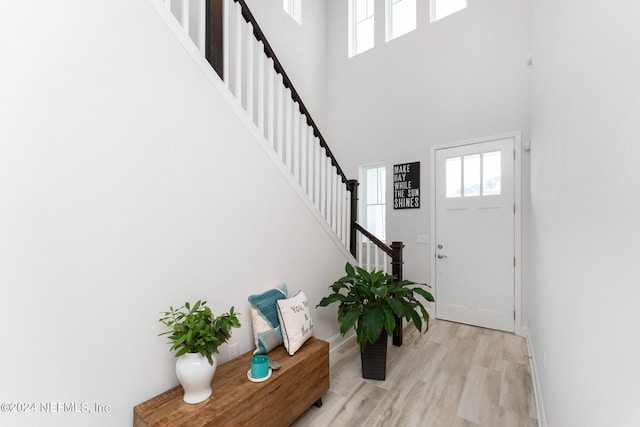 foyer featuring a towering ceiling and light wood-type flooring