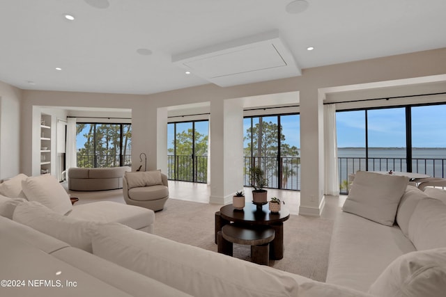 living room with a water view and built in features