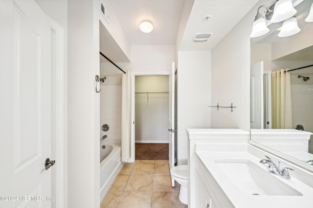 full bath featuring shower / bath combo, visible vents, toilet, tile patterned flooring, and vanity