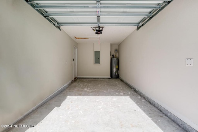 garage featuring electric water heater and electric panel