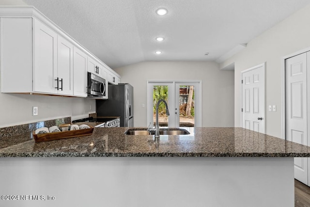 kitchen with stainless steel appliances, dark stone countertops, hardwood / wood-style floors, and sink