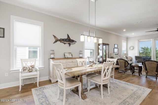 dining room with wood-type flooring, ornamental molding, and ceiling fan