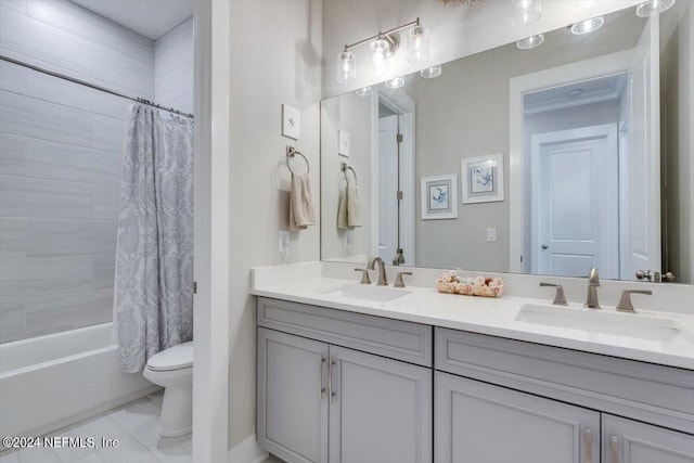 full bathroom with tile patterned flooring, vanity, shower / bath combination with curtain, and toilet