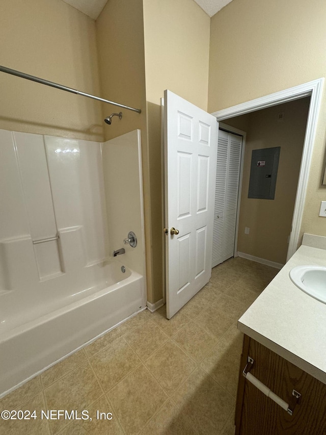 bathroom with vanity, shower / tub combination, and electric panel