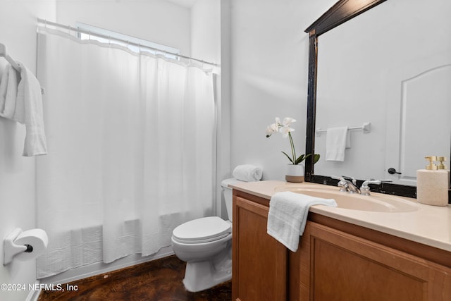 full bathroom with vanity, toilet, and shower / bathtub combination with curtain