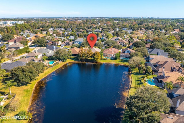 aerial view featuring a water view