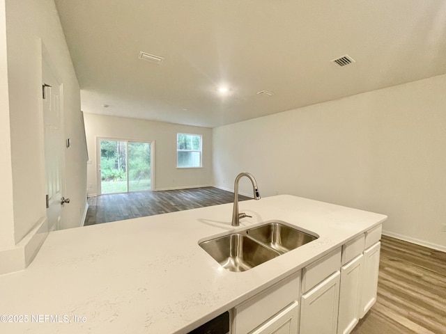 kitchen featuring light stone counters, sink, white cabinets, and hardwood / wood-style floors