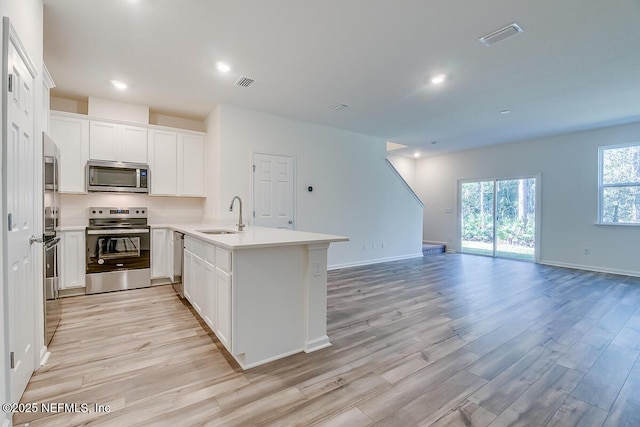 kitchen with sink, appliances with stainless steel finishes, white cabinets, kitchen peninsula, and light wood-type flooring