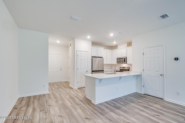 kitchen with sink, white cabinetry, appliances with stainless steel finishes, kitchen peninsula, and light hardwood / wood-style floors