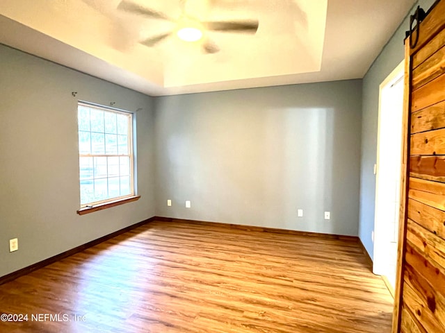 interior space featuring a raised ceiling and light wood-type flooring