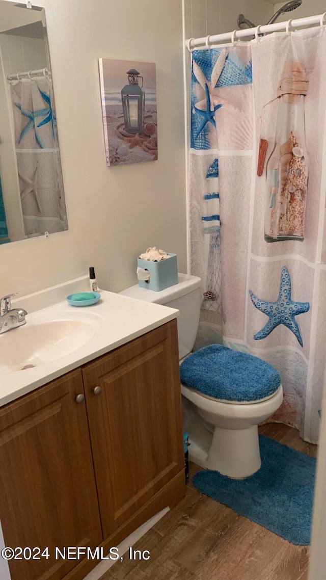 bathroom featuring hardwood / wood-style flooring, toilet, and vanity