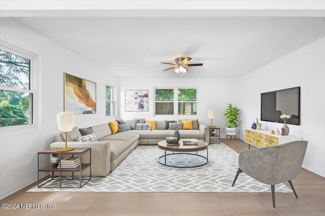 living room with hardwood / wood-style floors and ceiling fan