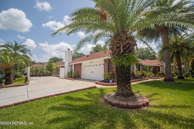 view of front of house with a front lawn and a garage