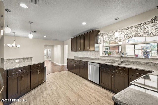 kitchen with sink, dark brown cabinets, decorative backsplash, decorative light fixtures, and stainless steel dishwasher