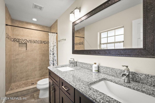 bathroom with vanity, toilet, a textured ceiling, and walk in shower