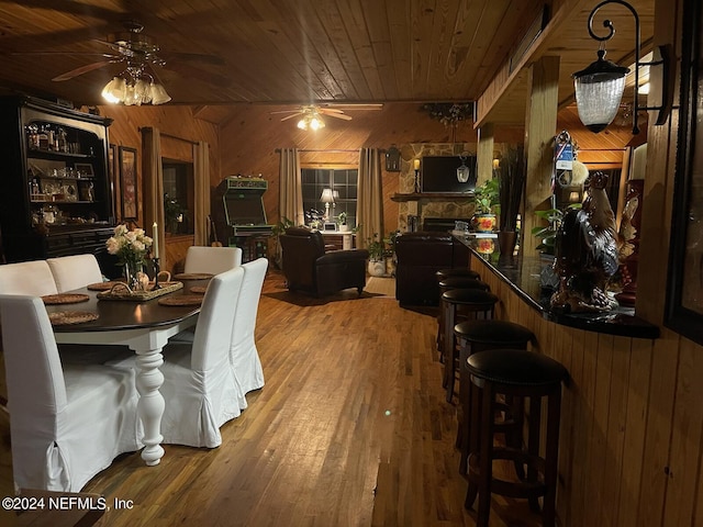 dining space featuring a ceiling fan, wooden ceiling, wooden walls, and wood finished floors