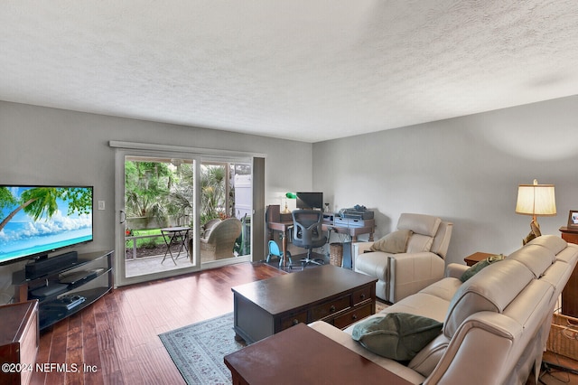 living room featuring a textured ceiling and wood-type flooring