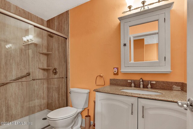 bathroom featuring toilet, a textured ceiling, vanity, and a shower with shower door