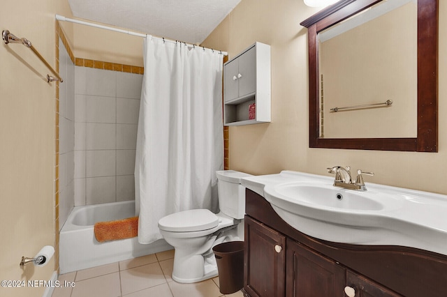 full bathroom featuring toilet, vanity, tile patterned floors, a textured ceiling, and shower / bathtub combination with curtain