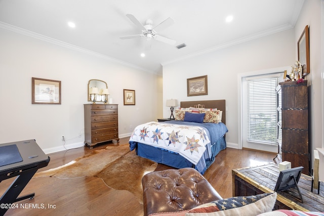 24554 Harbour View Dr, Ponte Vedra Beach, FL 32082 - bedroom with wood finished floors, crown molding, recessed lighting, and a ceiling fan