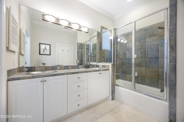 24554 Harbour View Dr, Ponte Vedra Beach, FL 32082 - bathroom with crown molding, double vanity, shower / bath combination with glass door, and tile patterned flooring