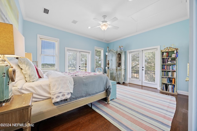 24554 Harbour View Dr, Ponte Vedra Beach, FL 32082 - bedroom featuring french doors, wood finished floors, crown molding, attic access, and ceiling fan