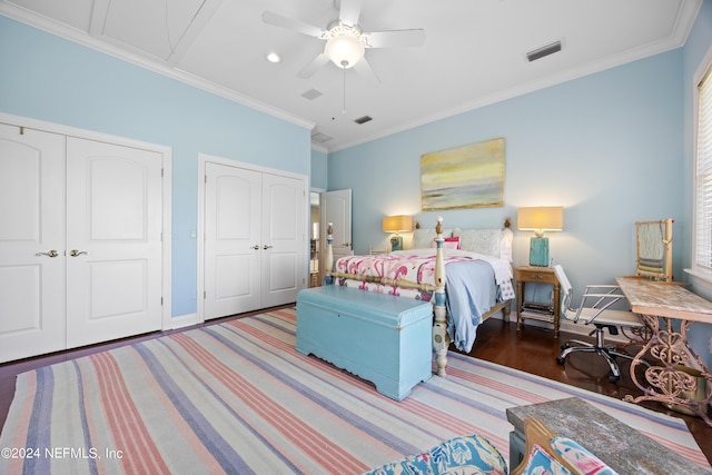24554 Harbour View Dr, Ponte Vedra Beach, FL 32082 - bedroom featuring multiple closets, crown molding, recessed lighting, ceiling fan, and multiple windows