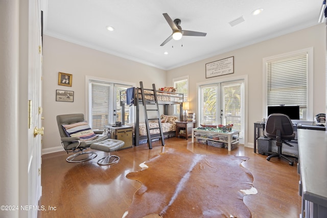 24554 Harbour View Dr, Ponte Vedra Beach, FL 32082 - office with wood finished floors, ornamental molding, ceiling fan, and recessed lighting