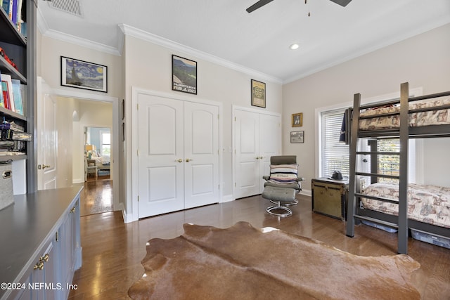 24554 Harbour View Dr, Ponte Vedra Beach, FL 32082 - bedroom with crown molding, wood finished floors, multiple closets, recessed lighting, and ceiling fan