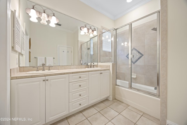 24554 Harbour View Dr, Ponte Vedra Beach, FL 32082 - full bathroom featuring crown molding, double vanity, tile patterned flooring, and shower / bath combination with glass door