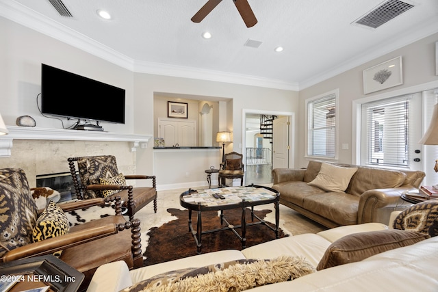 24554 Harbour View Dr, Ponte Vedra Beach, FL 32082 - living room featuring ornamental molding, a ceiling fan, and recessed lighting