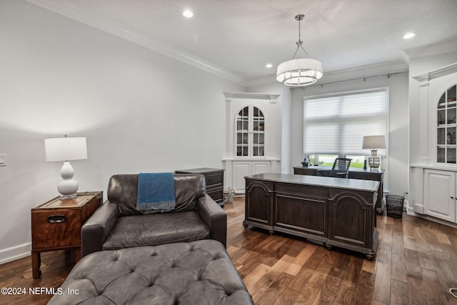 office with crown molding and dark hardwood / wood-style floors