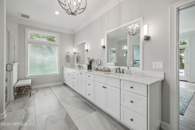 bathroom with crown molding, an enclosed shower, and a chandelier