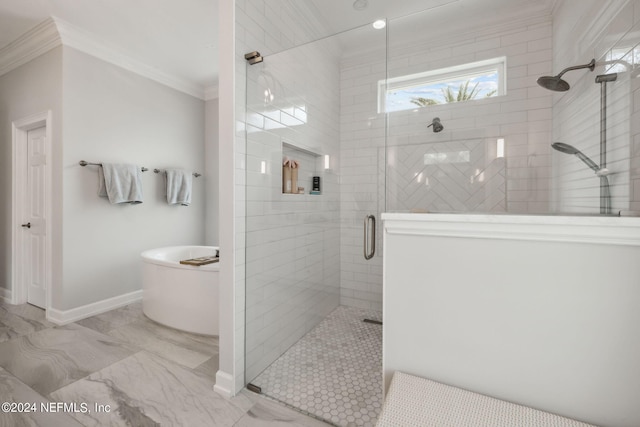 bathroom featuring independent shower and bath and crown molding