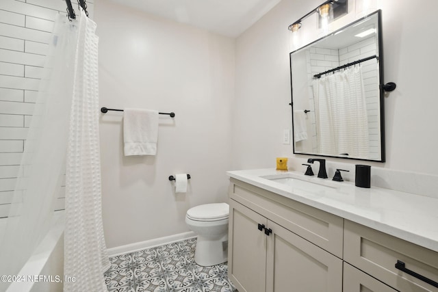 full bathroom with toilet, vanity, tile patterned floors, and shower / bathtub combination with curtain