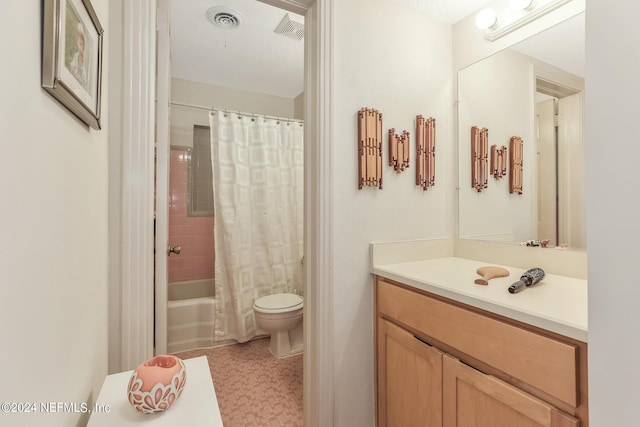 full bathroom with toilet, visible vents, shower / bath combination with curtain, and vanity