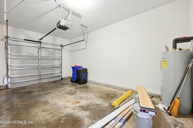 garage featuring a garage door opener, electric water heater, and baseboards