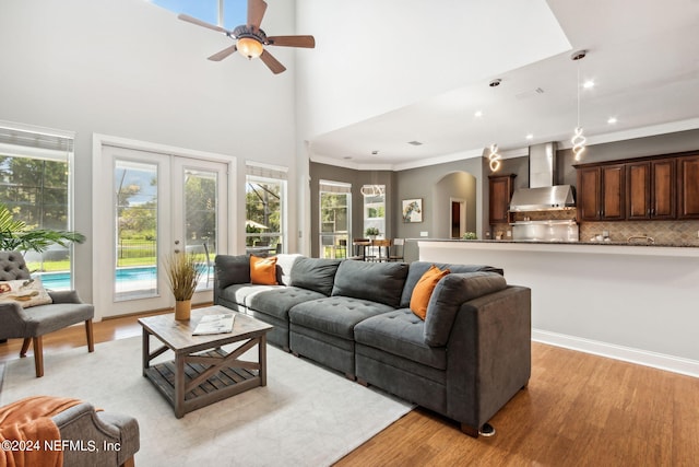 living room featuring french doors, a healthy amount of sunlight, and light hardwood / wood-style flooring