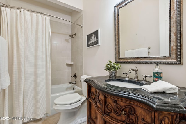 full bathroom with vanity, tile patterned flooring, shower / bath combination with curtain, and toilet